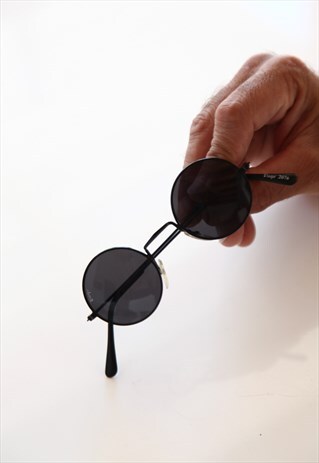 VINTAGE BLACK FRAME, DARK GRAY ROUND LENSES.