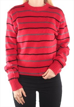 Wrangler - Red Knitted Stripy Crewneck Jumper - Medium