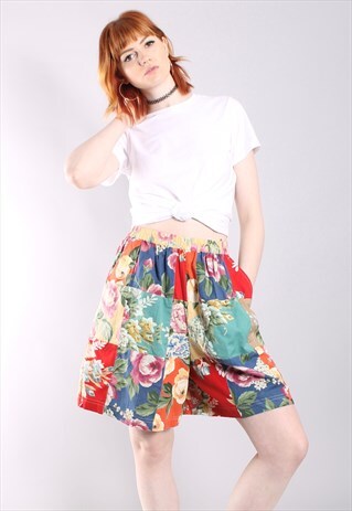 VINTAGE 90S FLORAL PATCHWORK HIGH WAISTED CULOTTE SHORTS