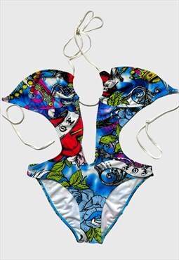 Vintage Y2k Swimsuit Christian Tattoo Print Bikini Graphic