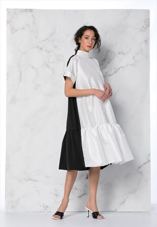 BLACK AND WHITE TAFFETA MAXI DRESS WITH RUFFLE