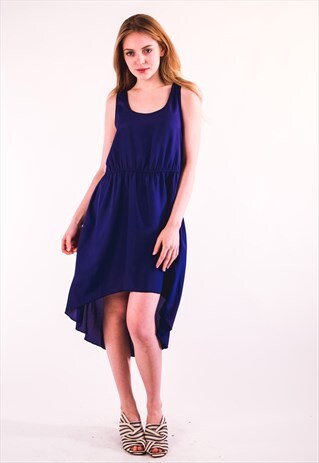 SLEEVELESS SATIN CHIFFON ASYMMETRIC DIP HEM MAXI DRESS BLUE