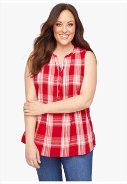 Red Checks Tank Top Tunic Shirt Camp Rose Pleat Neck Button