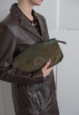 Vintage 70s Boho Leather Clutch Midi Bag in Moss Green 