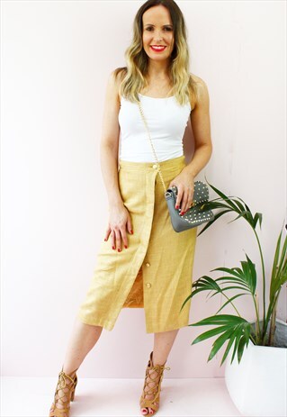 VINTAGE 80'S BEIGE GOLD BUTTON DOWN PENCIL MIDI SKIRT