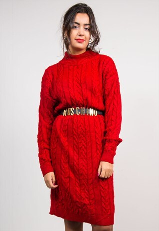 VINTAGE 90'S RED OVERSIZE KNIT CHUNKY KNIT JUMPER DRESS