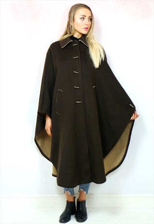1970S VINTAGE BROWN CAPE WOOL COAT WITH A CAMEL LINING