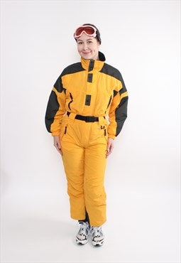 80s One piece ski suit, vintage yellow snowsuit