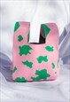 PINK AND GREEN COW PRINT MINI KNIT SHOPPER TOTE KNOT BAG