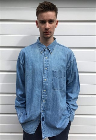 MENS VINTAGE 80S 90S GANT SHIRT LIGHT BLUE DENIM TOP