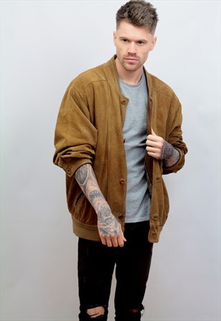 1980'S VINTAGE OVERSIZED SUEDE BOMBER JACKET IN BROWN