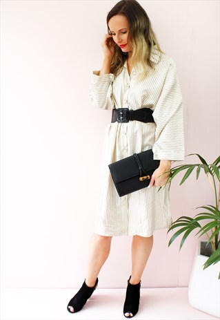 VINTAGE 80'S BEIGE STRIPED SATIN PAJAMA SHIRT DRESS