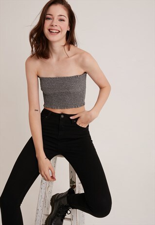 SHIRRED BANDEAU TOP IN LUREX - SILVER
