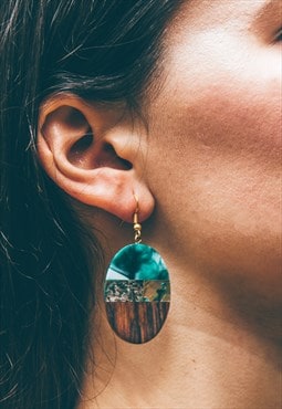 Wood Resin Handmade Oval Green Earrings with Paua Shell