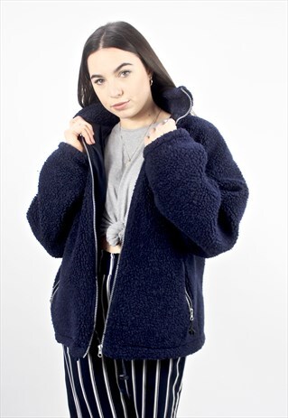 90'S VINTAGE NAVY SHERPA BORG TEDDY OVERSIZED FLEECE JACKET