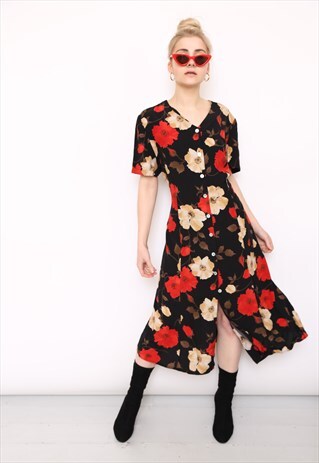 VINTAGE 90S BLACK RED FLORAL PRINT MIDI DRESS