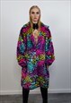 FESTIVAL LEOPARD COAT RAINBOW FAUX FUR TRENCH JACKET IN PINK