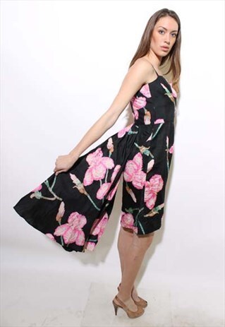 VINTAGE 1950'S 50'S DOROTHY MCNAB FLORAL SILK DRESS S-M