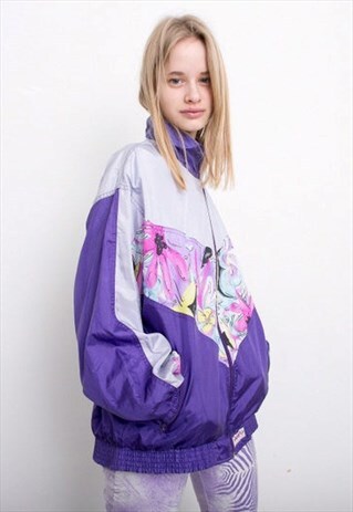 VINTAGE PURPLE SPORTS JACKET FLOWER PRINT LIGHT WINDBREAKER
