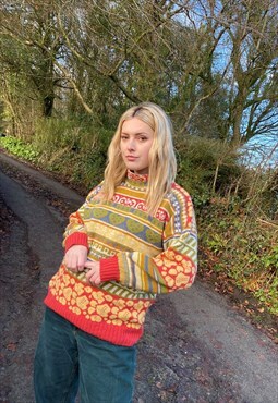 Vintage Rare Abstract Colourful Chunky Knit Patterned Jumper