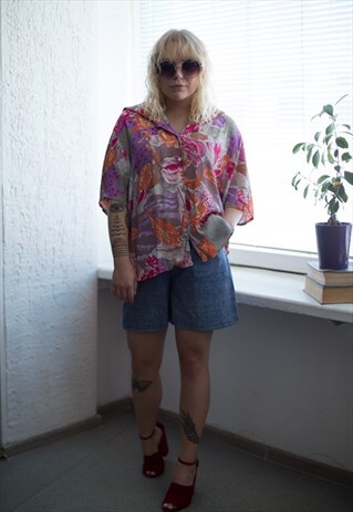 VINTAGE 80'S MULTICOLOUR FLOWER PRINT SHORT SLEEVED TOP