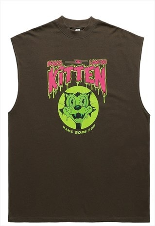 RAVE TANK TOP SLEEVELESS GRUNGE TEE RETRO PUNK KITTEN VEST