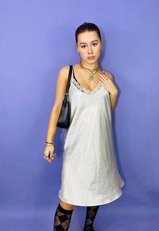 VINTAGE 90S WHITE SATIN LACE TRIM SLIP DRESS
