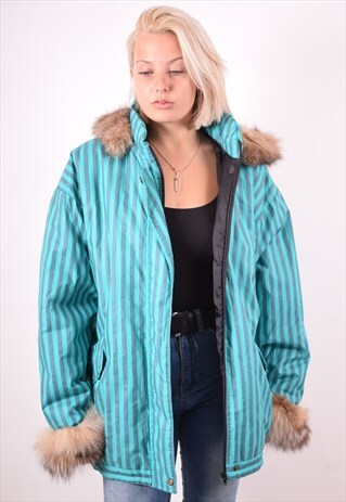 WOMENS VINTAGE PADDED JACKET XL BLUE STRIPES 90S