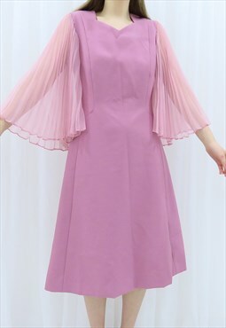80s Vintage Pink Ruffle Sleeve Midi Dress
