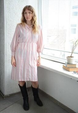 Vintage Pink Striped Long sleeved Midi Thin Dress