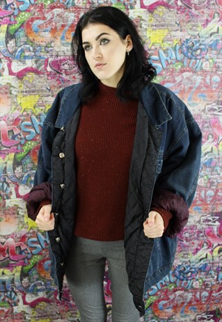 VINTAGE 80S DARK BLUE REVERSIBLE BLANKET LINED DENIM JACKET.