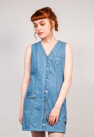 RETRO 90'S BLUE DENIM PINAFORE MINI DRESS
