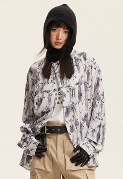 Floral print shirt abstract blouse grunge painted top white