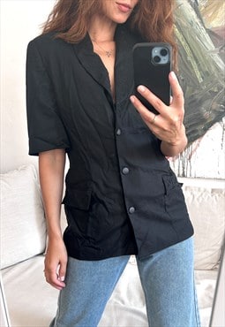 Retro 80s Black Short Sleeved Blazer Jacket - M