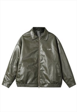 Faux leather aviator jacket green shiny PU college bomber