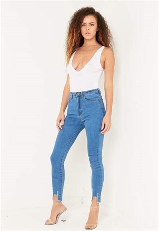 DETROIT BLUE HIGH RISE SKINNY WITH RAW HEM