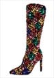 SEQUINS POINTED TOE STILETTO KNEE BOOTS