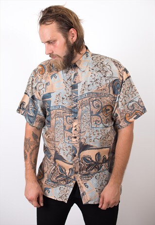 VINTAGE 90S ABSTRACT SHORT SLEEVE SILK SHIRT