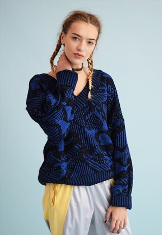 80'S RETRO ABSTRACT PATTERN JAZZY SLOUCHY KNIT JUMPER