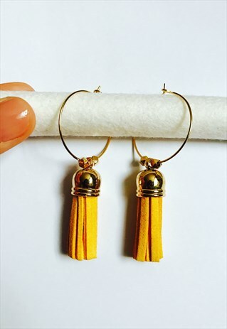 MUSTARD YELLOW LARGE TASSEL GOLD HOOP EARRINGS
