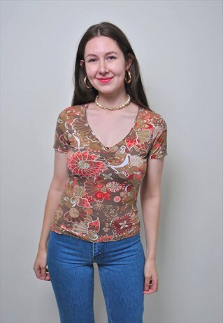 VINTAGE FLOWERS BLOUSE, 90S PULLOVER BROWN SHIRT 