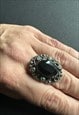 60'S VINTAGE BLACK DIAMANTE JET SILVER METAL COCKTAIL RING