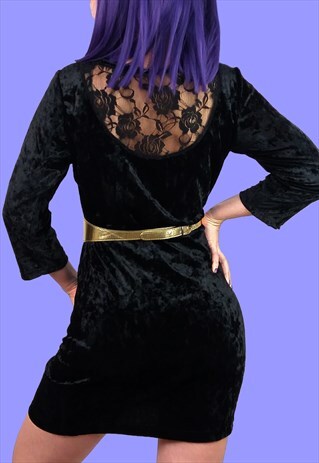 VINTAGE 90'S BLACK VELVET VELOUR MINI DRESS LACE DETAIL