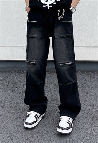 BLACK WASHED DENIM JEANS PANTS TROUSERS
