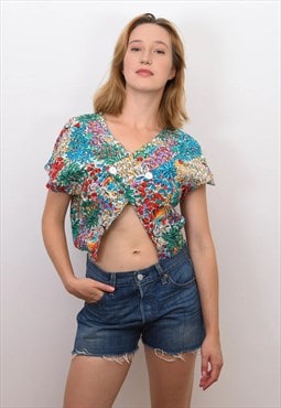 Womens 90's Tropical Top Blouse Tee Button Up French Crop