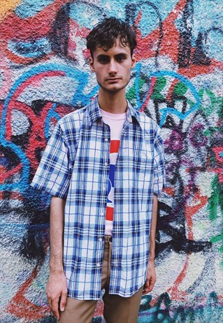 VINTAGE BLUE PLAID SHIRT WITH LOGO