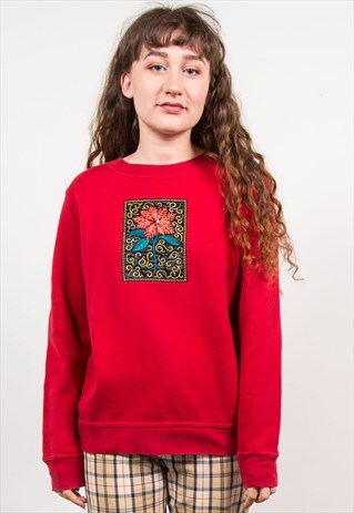 VINTAGE 90'S RED EMBROIDED FLOWER PRINT SWEATSHIRT