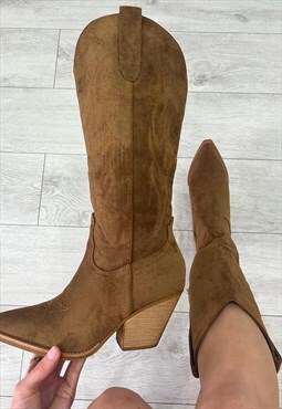 Azelle Collection Brown Faux Suede Western Cowboy Boots