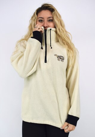VINTAGE 90'S CREAM POLAR BEAR 1/4 ZIP PRINTED FLEECE