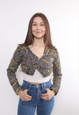 90s abstract print crop blouse vintage brown long sleeve top